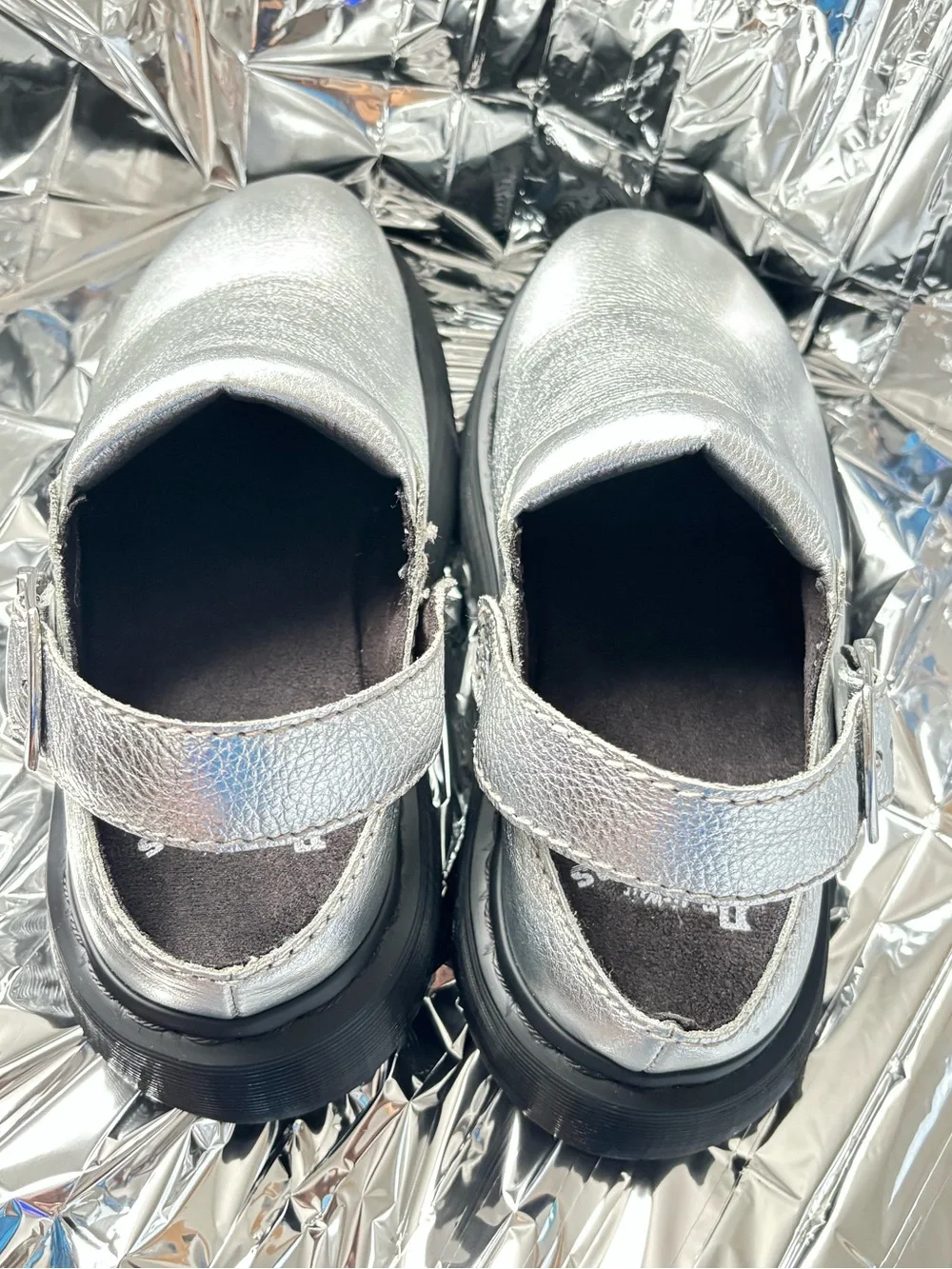 DR. MARTENS LAKETEN SILVER SLINGBACK MULES, size 9M